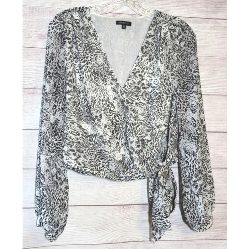 Dynamite Womens Blouse Size PS Leopard Print Long Sleeve Faux Wrap Tie Waist Top